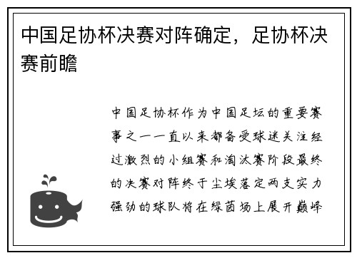 中国足协杯决赛对阵确定，足协杯决赛前瞻