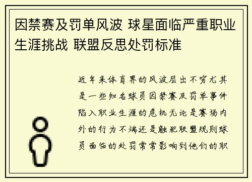 因禁赛及罚单风波 球星面临严重职业生涯挑战 联盟反思处罚标准